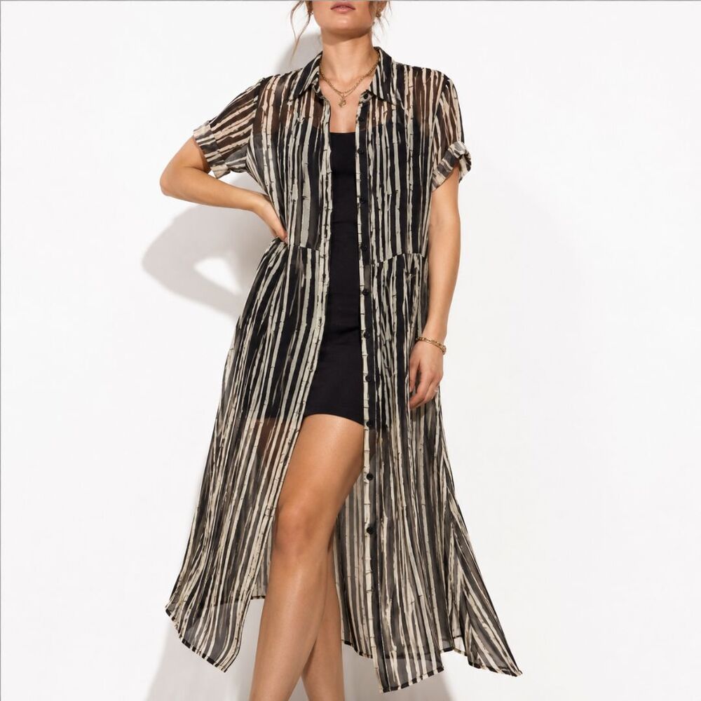 Coldwater Creek Sheer Chiffon Duster Overlay Maxi Dress 12 Black Button Front